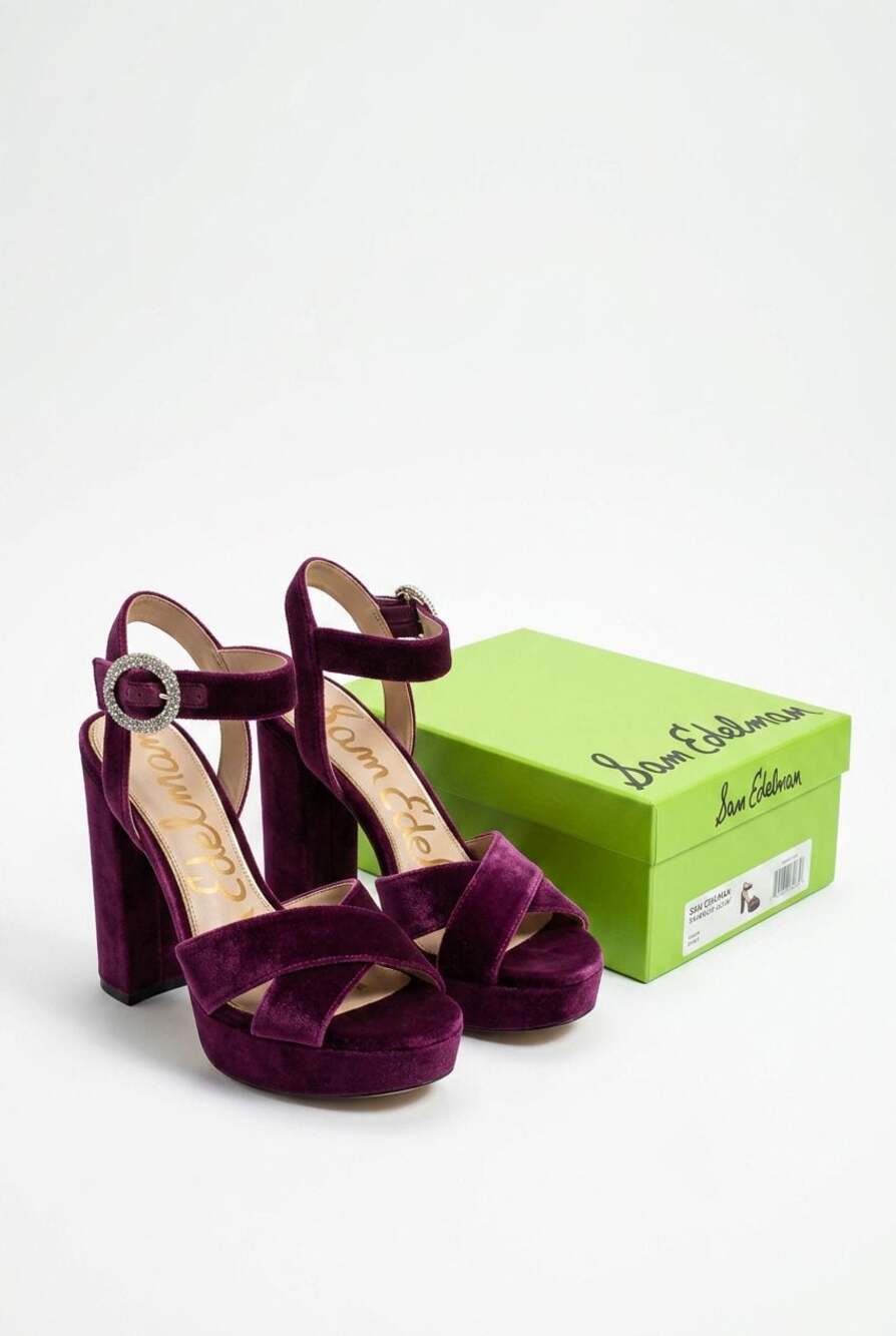 Sam Edelman Women's Purple Velvet Platform Sandals with Rhinestone Buckle